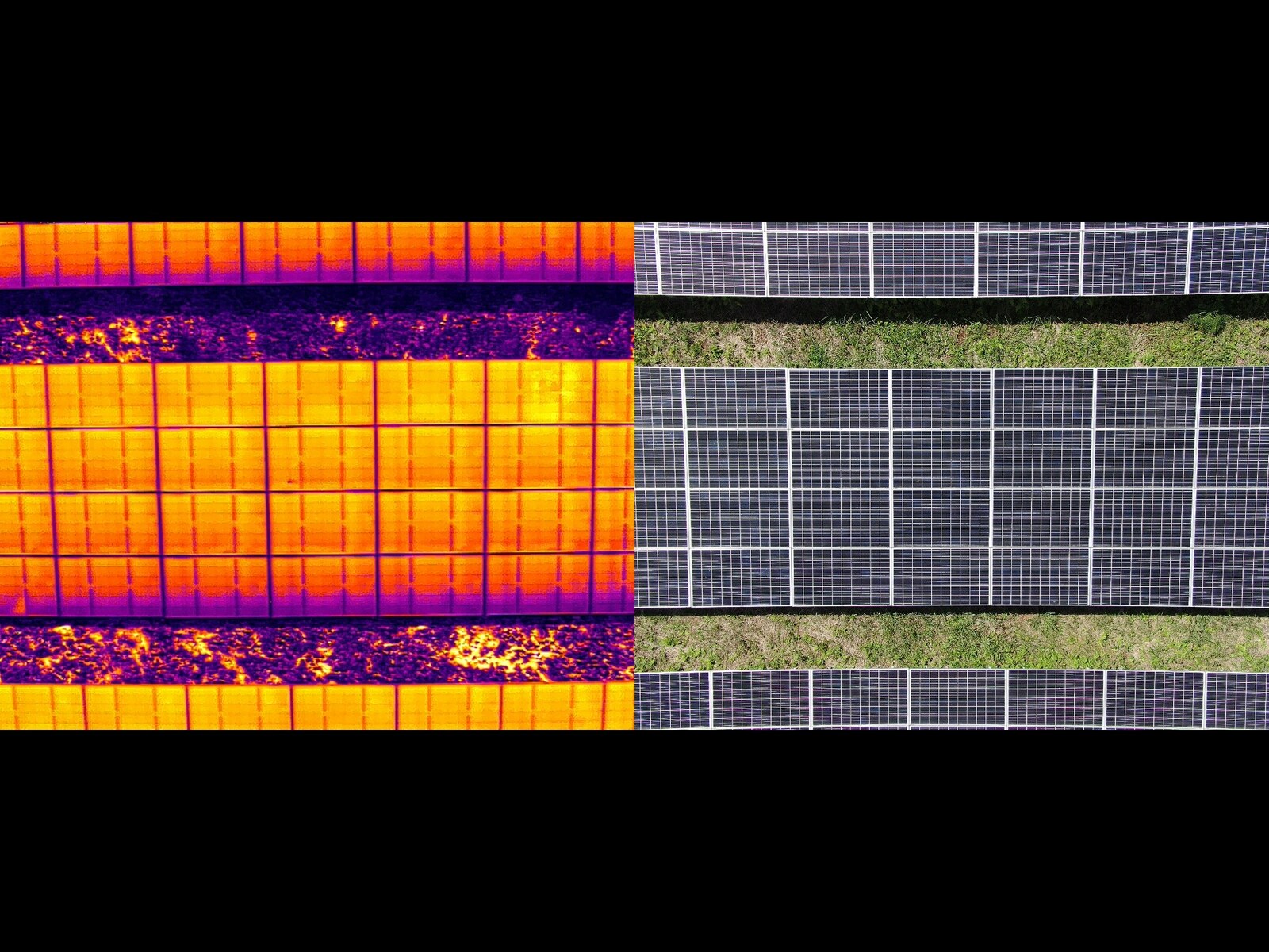 太陽光パネルの赤外線画像と通常写真の比較
