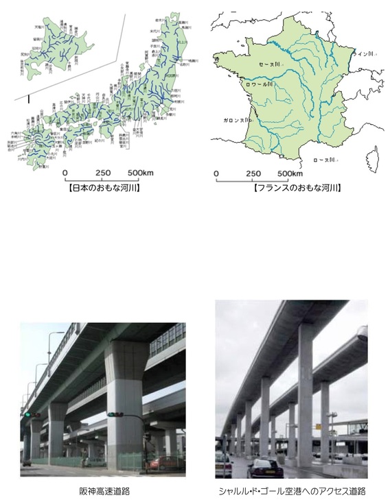 日本とフランスの主な河川と、高速道路の橋脚を比較した図・写真